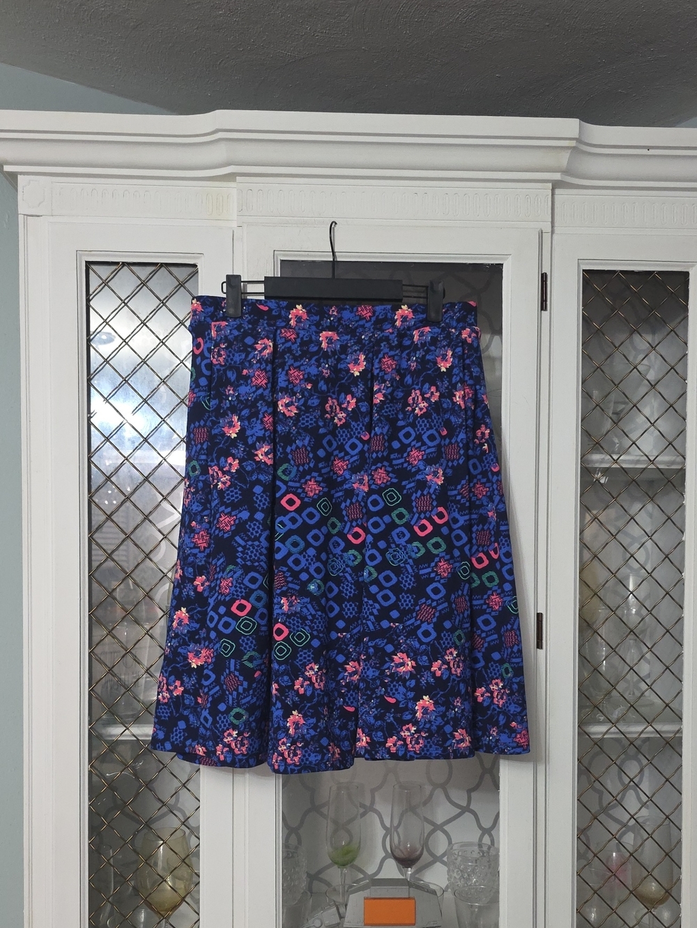 LuLaRoe Navy A-Line Skirt with Pink Floral & Multicolor Geometrics